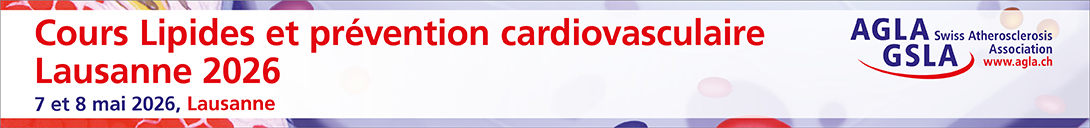Bannière d'en-tête pour la conférence : AGLA Cours Lipides et prévention cardiovasculaire Lausanne 2026. Celle-ci va de 7 mai 2026 à 8 mai 2026.