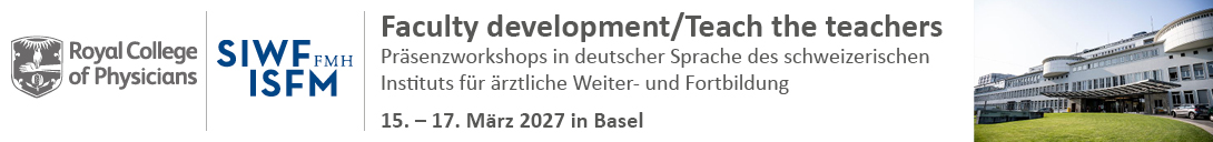 Header Banner für die Konferenz: SIWF/RCP Teach-the-Teacher Workshops Basel März 2027. Diese geht vom 15. März 2027 bis 17. März 2027.