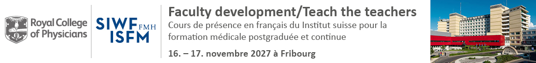 Bannière d'en-tête pour la conférence : SIWF/RCP Teach-the-Teacher Workshops Fribourg November 2027. Celle-ci va de 16 novembre 2027 à 17 novembre 2027.