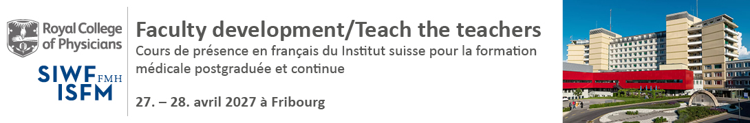 Bannière d'en-tête pour la conférence : SIWF/RCP Teach-the-Teacher Workshops Fribourg April 2027. Celle-ci va de 27 avril 2027 à 28 avril 2027.