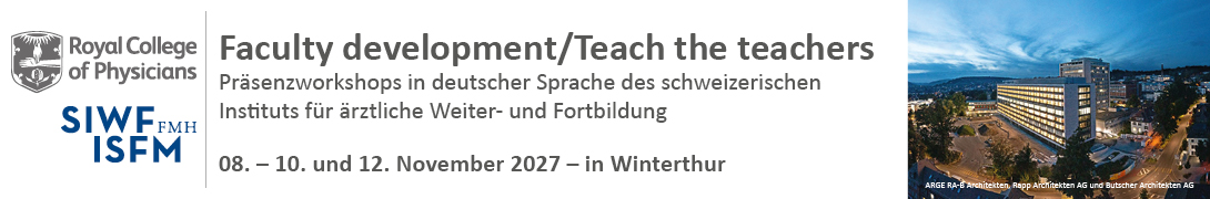 Header Banner für die Konferenz: SIWF/RCP Teach-the-Teacher Workshops Winterthur 2027. Diese geht vom 8. November 2027 bis 12. November 2027.